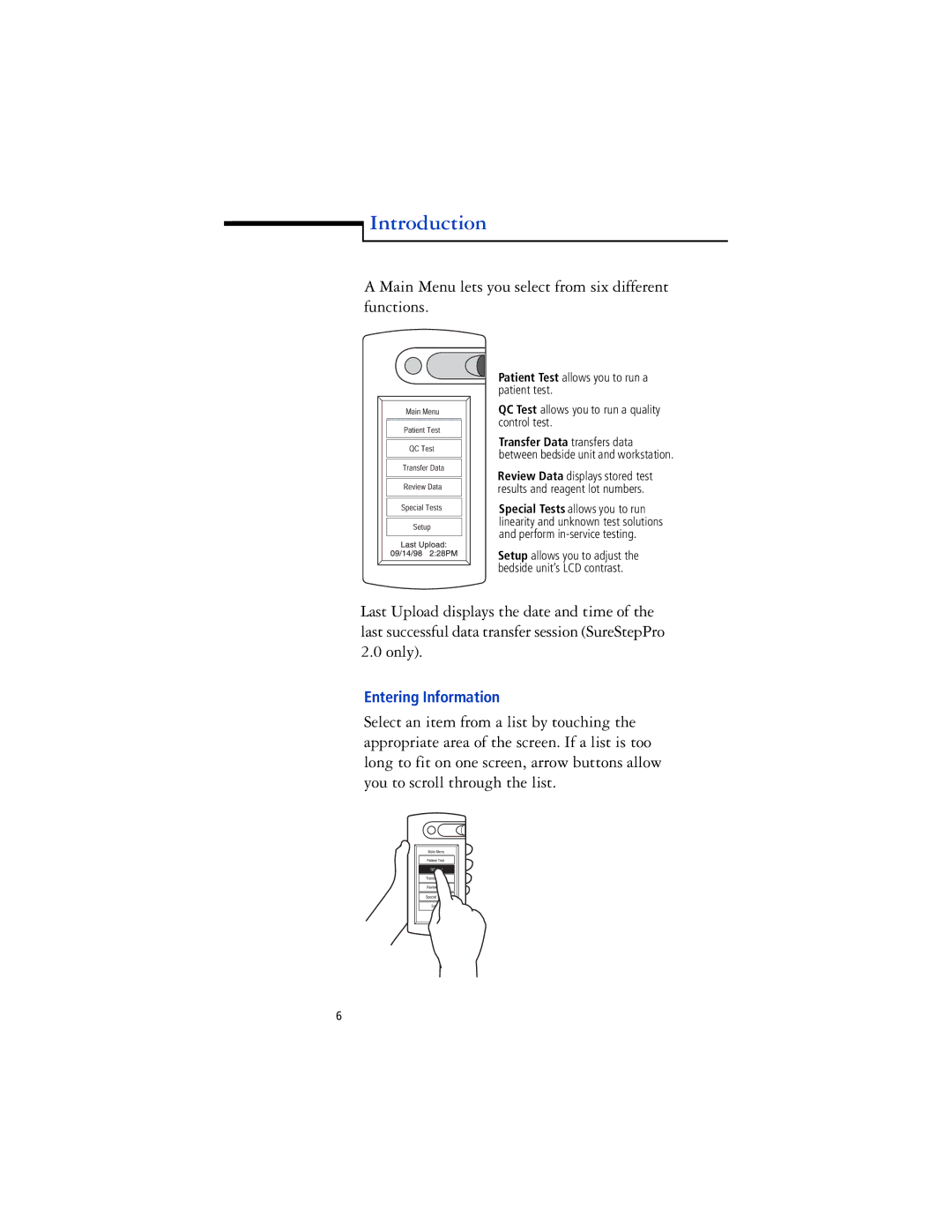 Lifescan SureStep Pro manual Main Menu lets you select from six different functions 