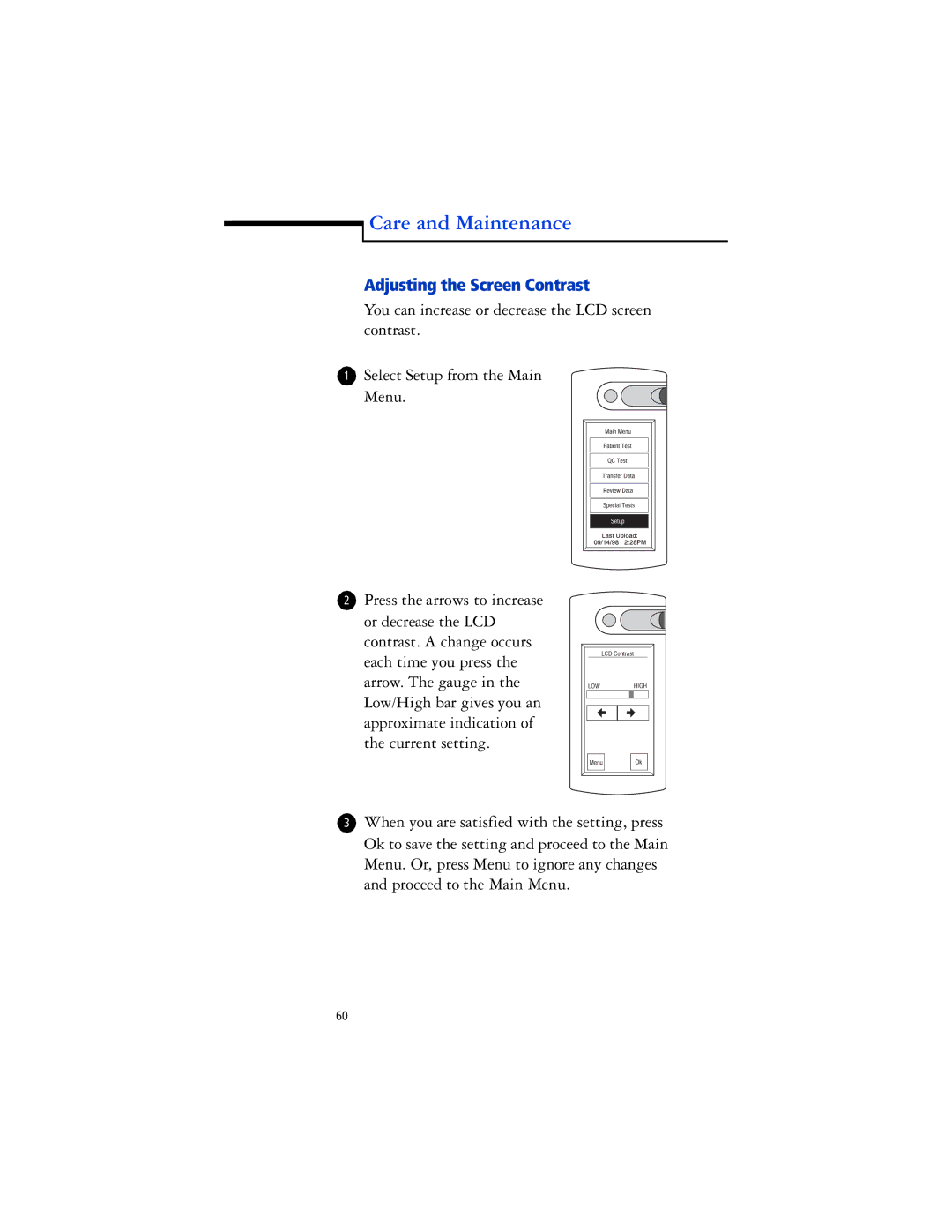 Lifescan SureStep Pro manual Adjusting the Screen Contrast 