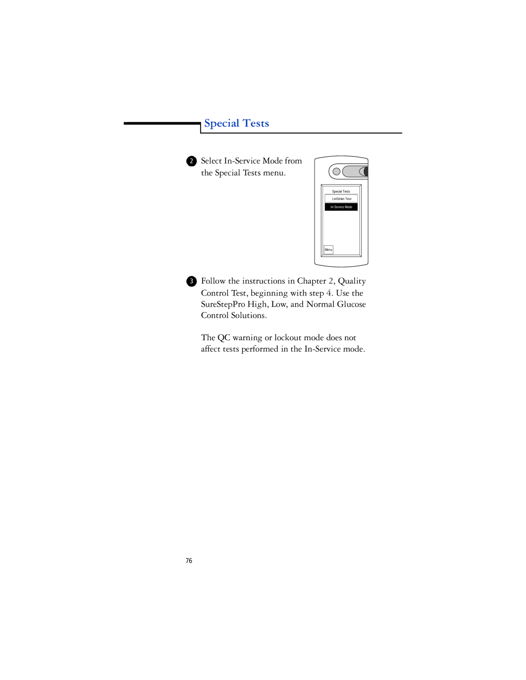 Lifescan SureStep Pro manual Select In-Service Mode from Special Tests menu 