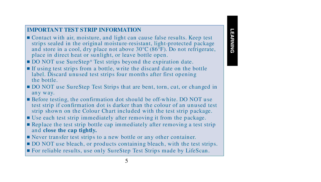 Lifescan SureStep manual Important Test Strip Information 