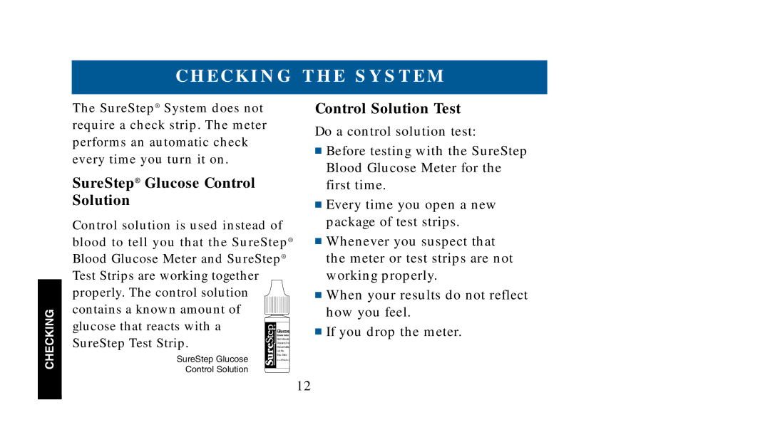 Lifescan manual E C K I N G T H E S Y S T E M, SureStep Glucose Control Solution, Control Solution Test 