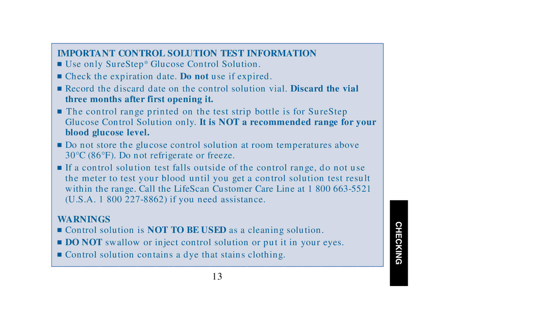 Lifescan SureStep manual Important Control Solution Test Information 