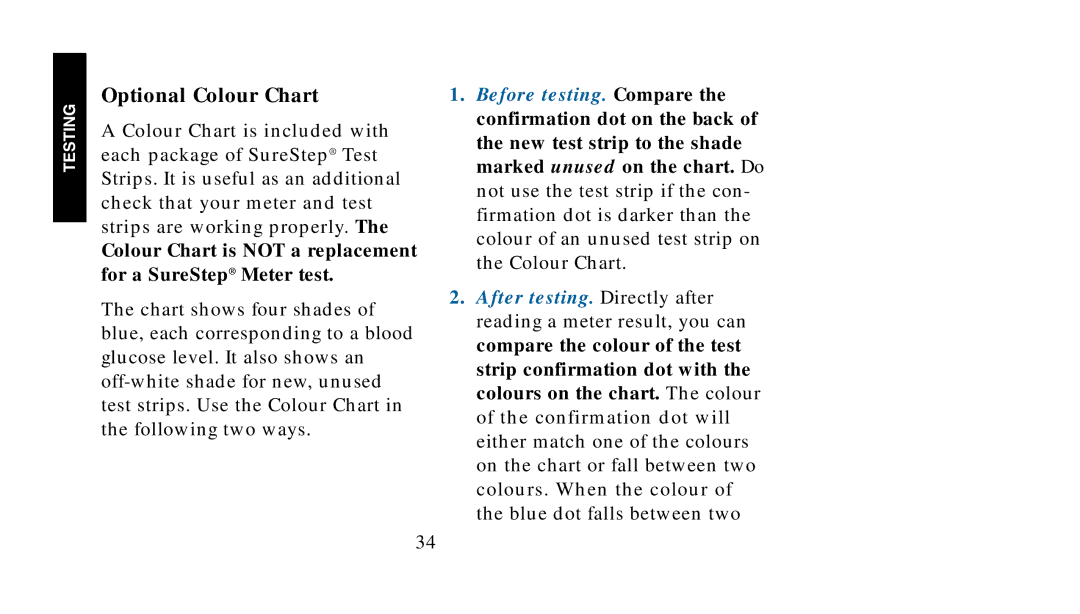 Lifescan manual Optional Colour Chart, Colour Chart is not a replacement for a SureStep Meter test 