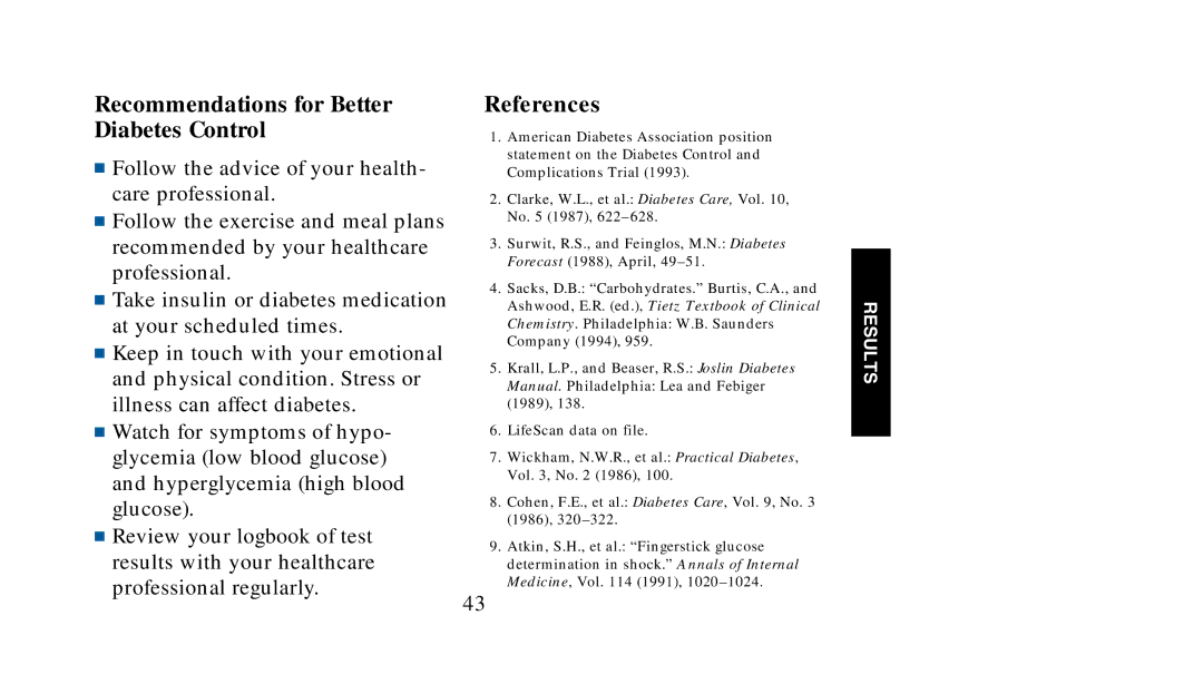 Lifescan SureStep manual Recommendations for Better Diabetes Control, References 