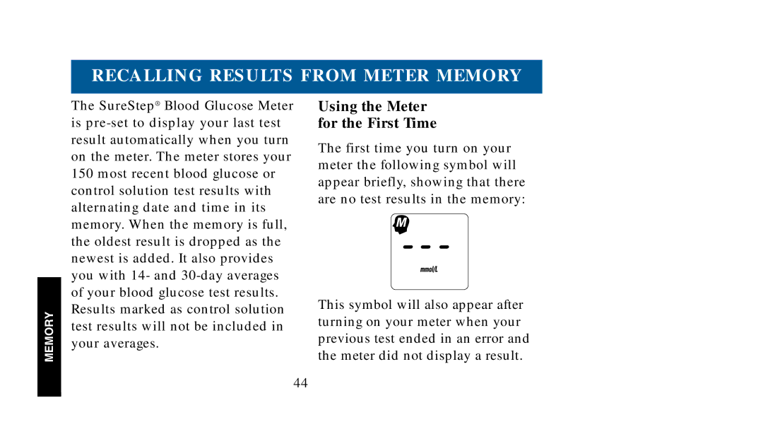 Lifescan SureStep manual Recalling Results from Meter Memory, Using the Meter for the First Time 