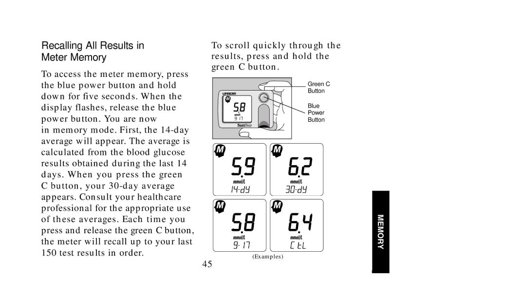 Lifescan SureStep manual Recalling All Results Meter Memory 