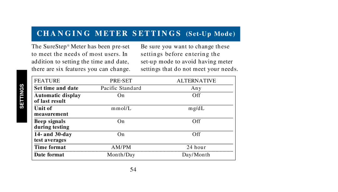 Lifescan SureStep manual A N G I N G M E T E R S E T T I N G S Set-Up Mode 