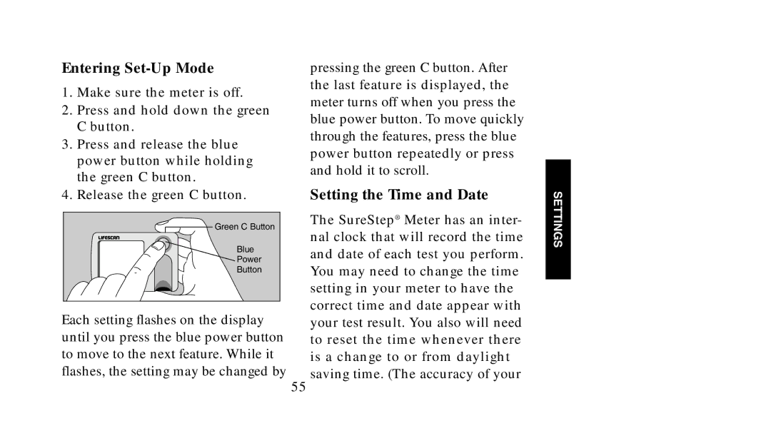 Lifescan SureStep manual Entering Set-Up Mode, Setting the Time and Date 