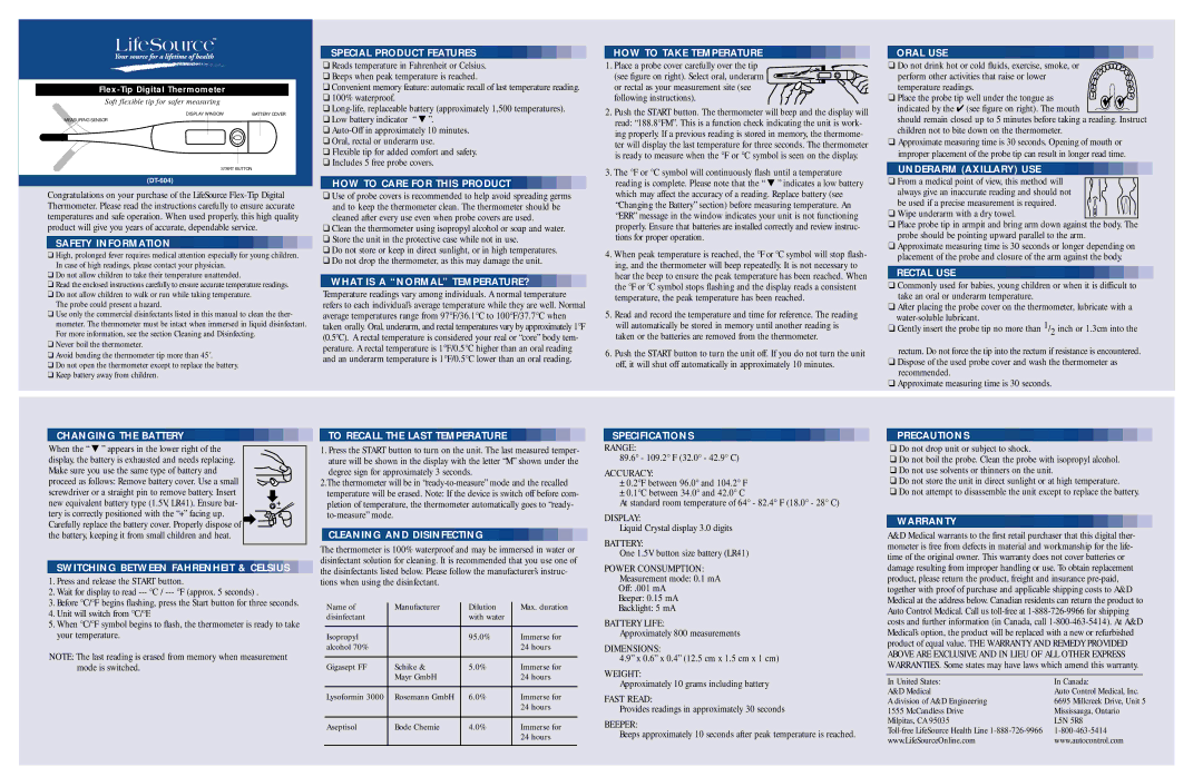 LifeSource DT-604 manual Safety Information, Special Product Features, HOW to Care for this Product, Oral USE, Rectal USE 