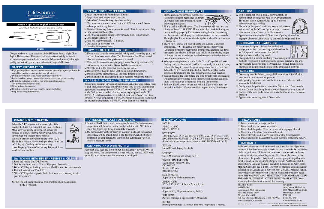 LifeSource DT-605 manual Safety Information, Special Product Features, HOW to Care for this Product, Oral USE, Rectal USE 