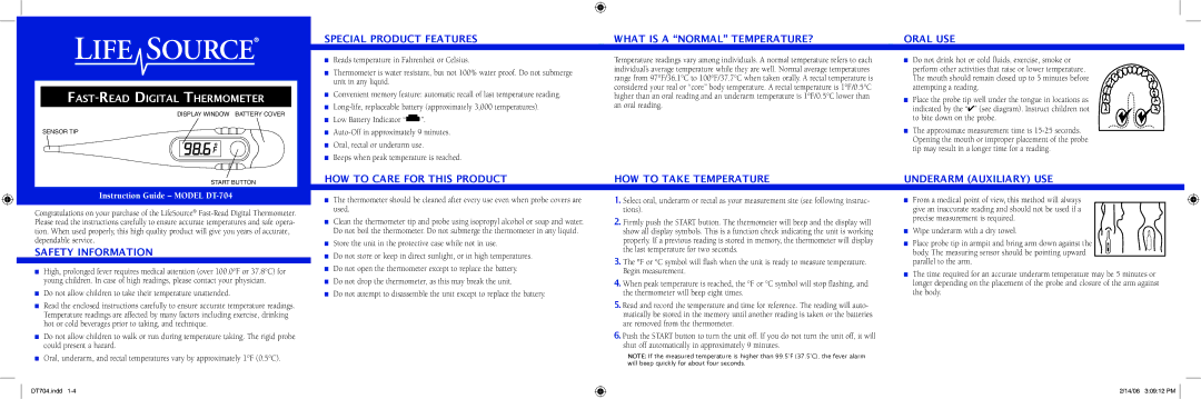 LifeSource manual FAST-READ Digital Thermometer, Safety Information, Instruction Guide Model DT-704 