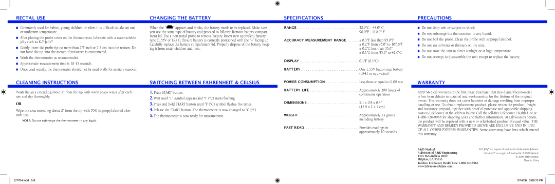 LifeSource DT-704 manual Rectal USE Changing the Battery Specifications Precautions, Warranty 