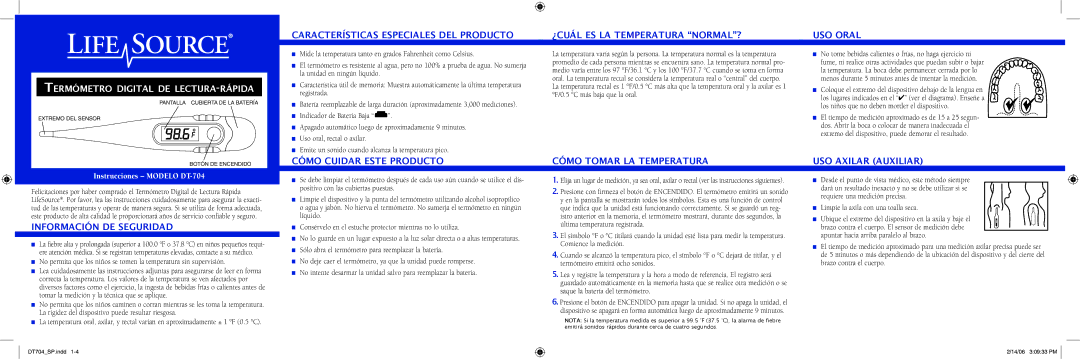 LifeSource manual Termómetro Digital DE LECTURA-RÁPIDA, Información DE Seguridad, Instrucciones Modelo DT-704 