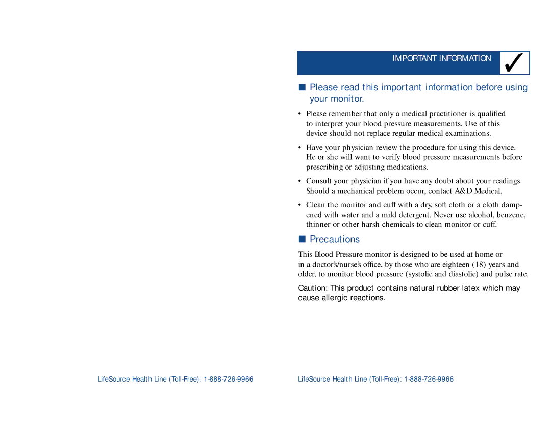 LifeSource UA-100 manual Precautions 