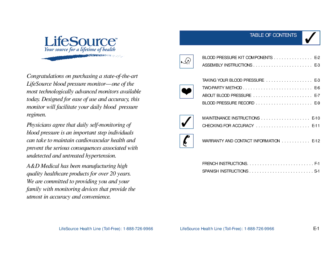 LifeSource UA-100 manual Table of Contents 