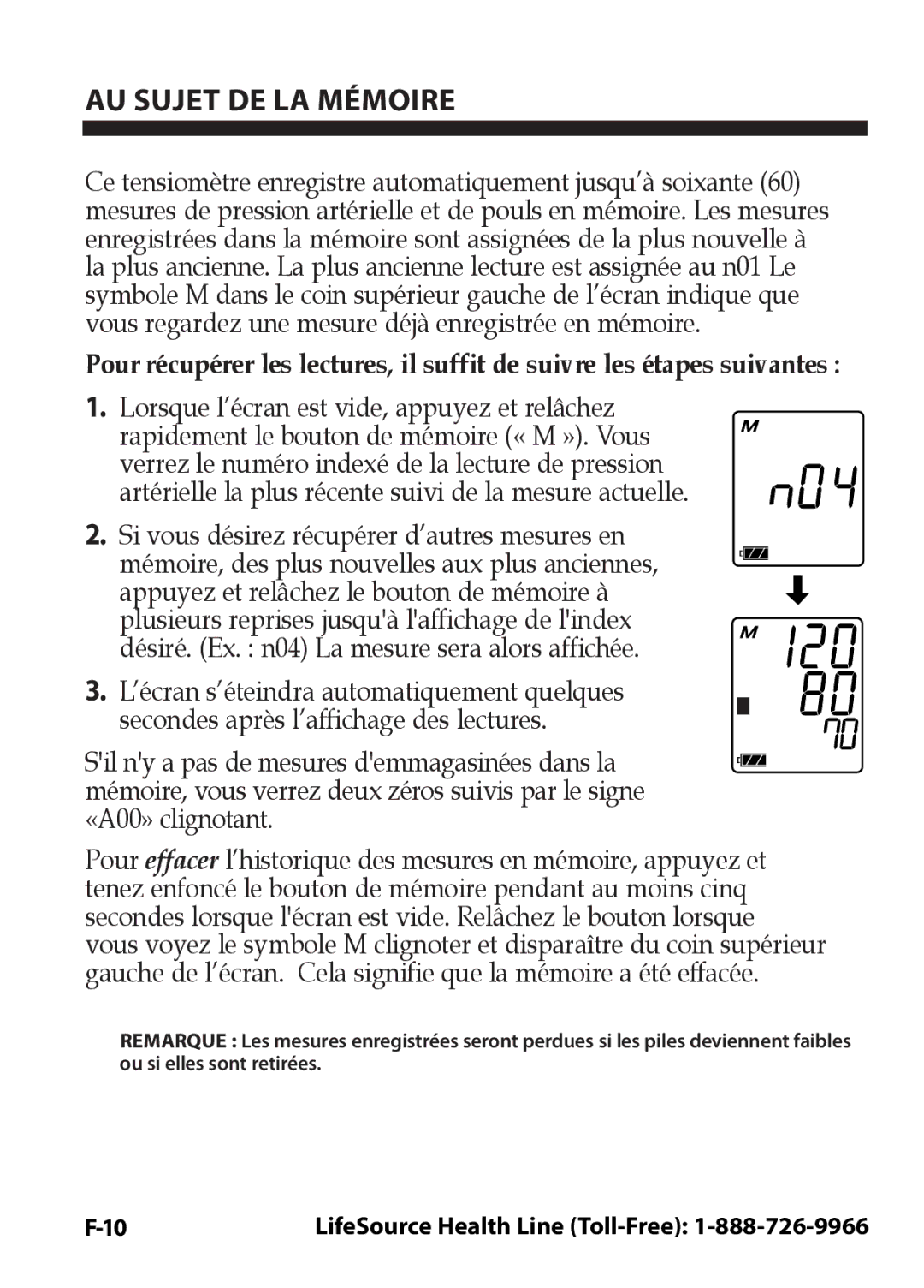 LifeSource UA-631V manual AU Sujet DE LA Mémoire, Lorsque l’écran est vide, appuyez et relâchez 