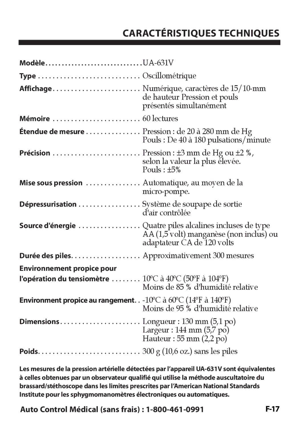 LifeSource UA-631V manual Caractéristiques Techniques, Mémoire lectures 