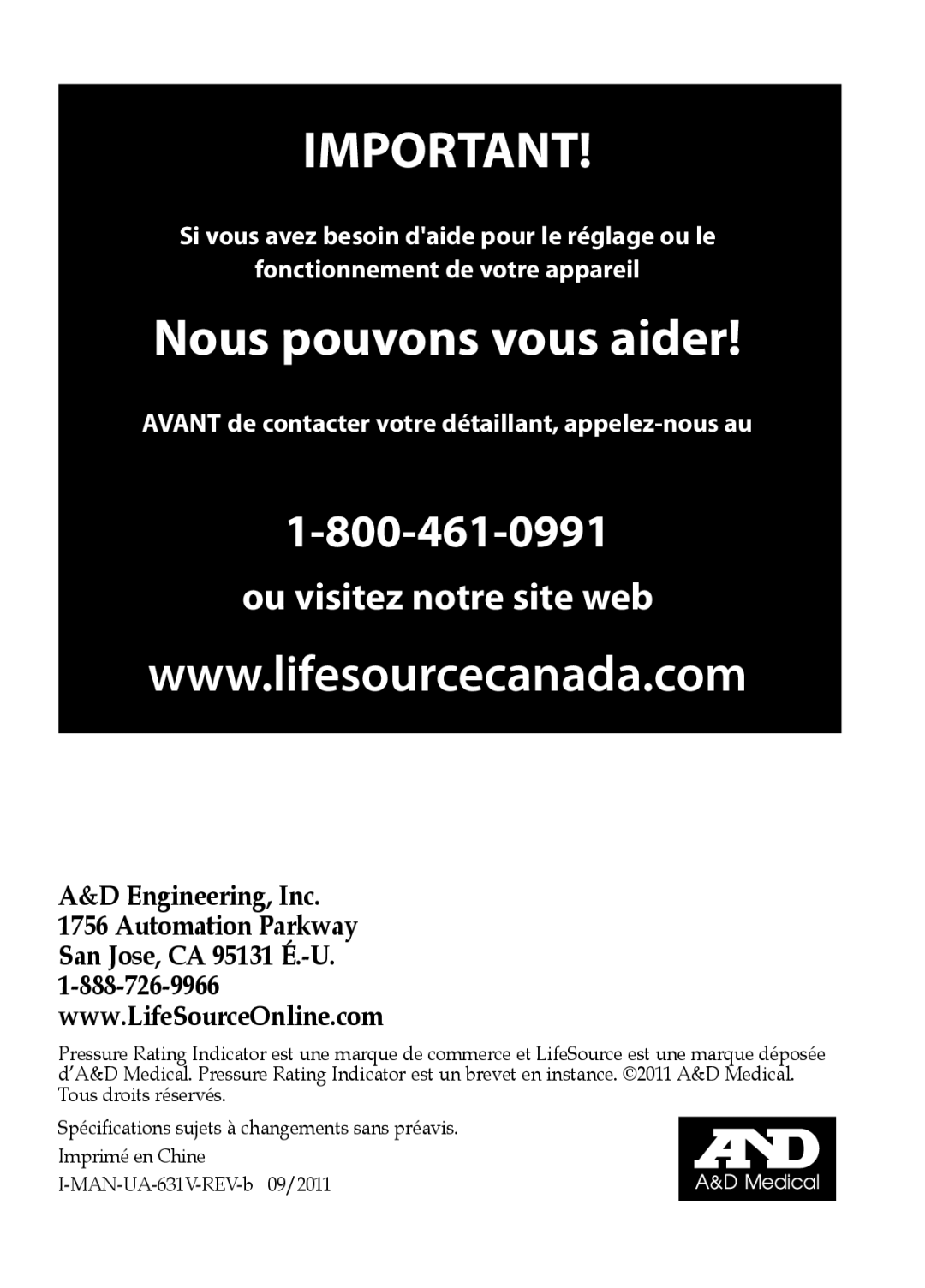 LifeSource UA-631V manual Nous pouvons vous aider 