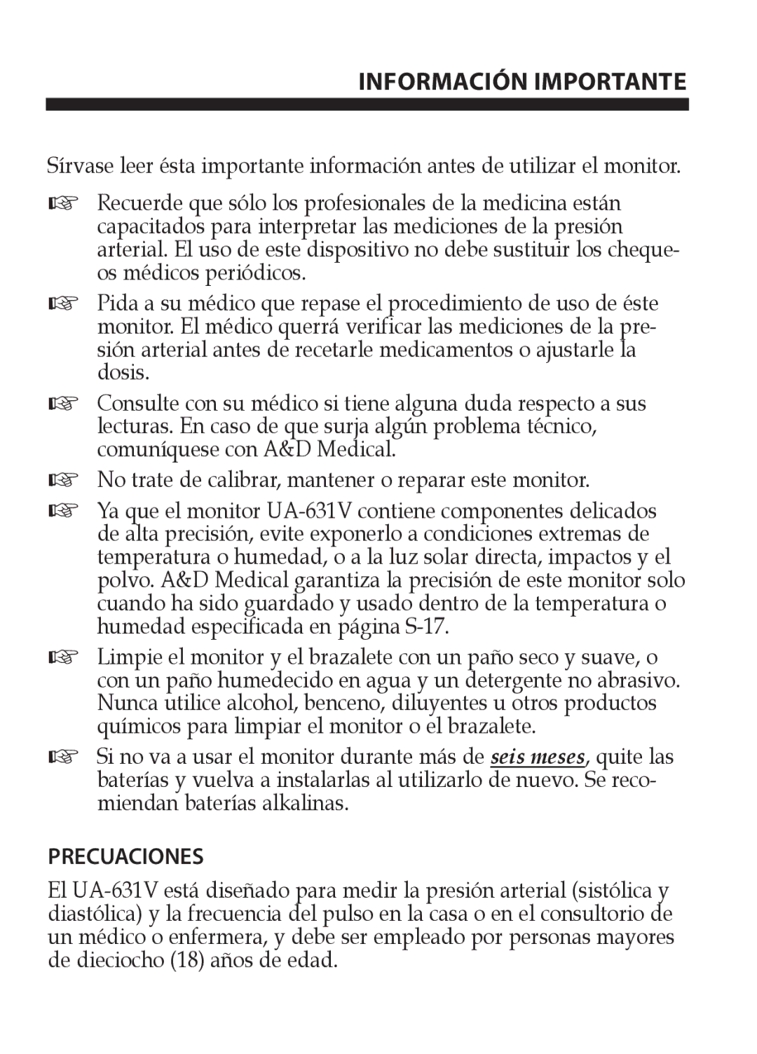 LifeSource UA-631V manual Información Importante, Precuaciones 