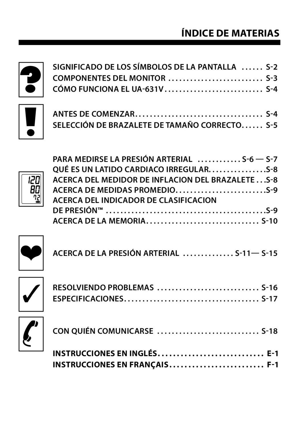 LifeSource UA-631V manual Índice DE Materias, Resolviendo Problemas Especificaciones 