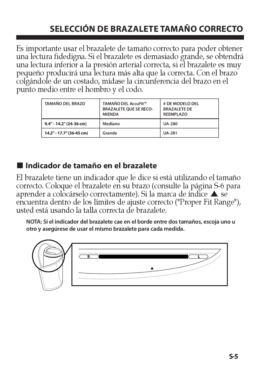 LifeSource UA-631V manual Selección DE Brazalete Tamaño Correcto, Indicador de tamaño en el brazalete 