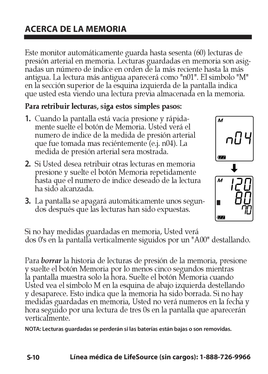 LifeSource UA-631V manual Acerca DE LA Memoria, Para retribuir lecturas, siga estos simples pasos 