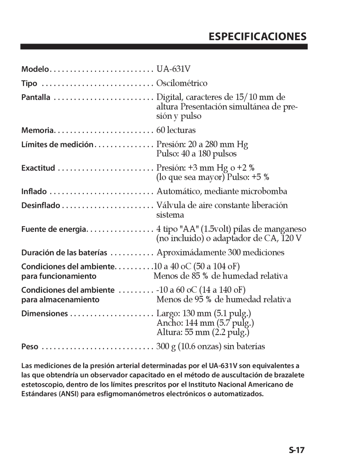 LifeSource UA-631V manual Especificaciones 