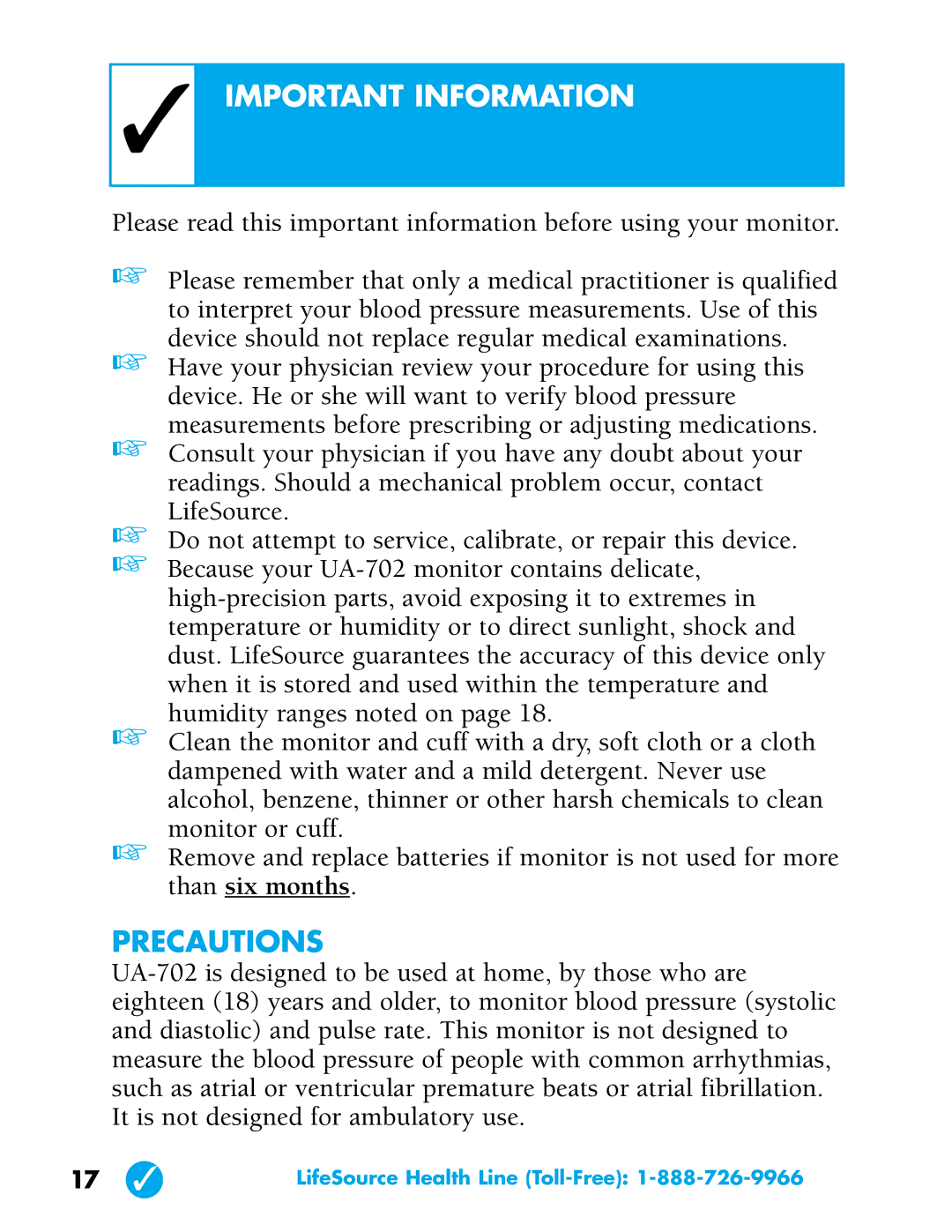 LifeSource UA-702 manual Important Information, Precautions 