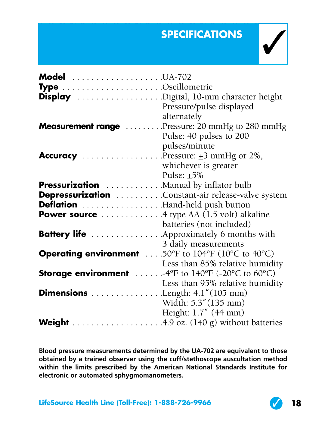 LifeSource UA-702 manual Specifications Specifications 