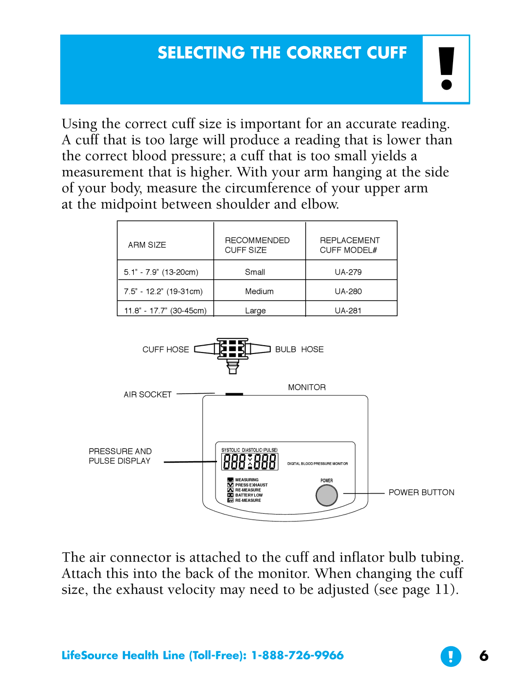 LifeSource UA-702 manual Selecting the Correct Cuff 