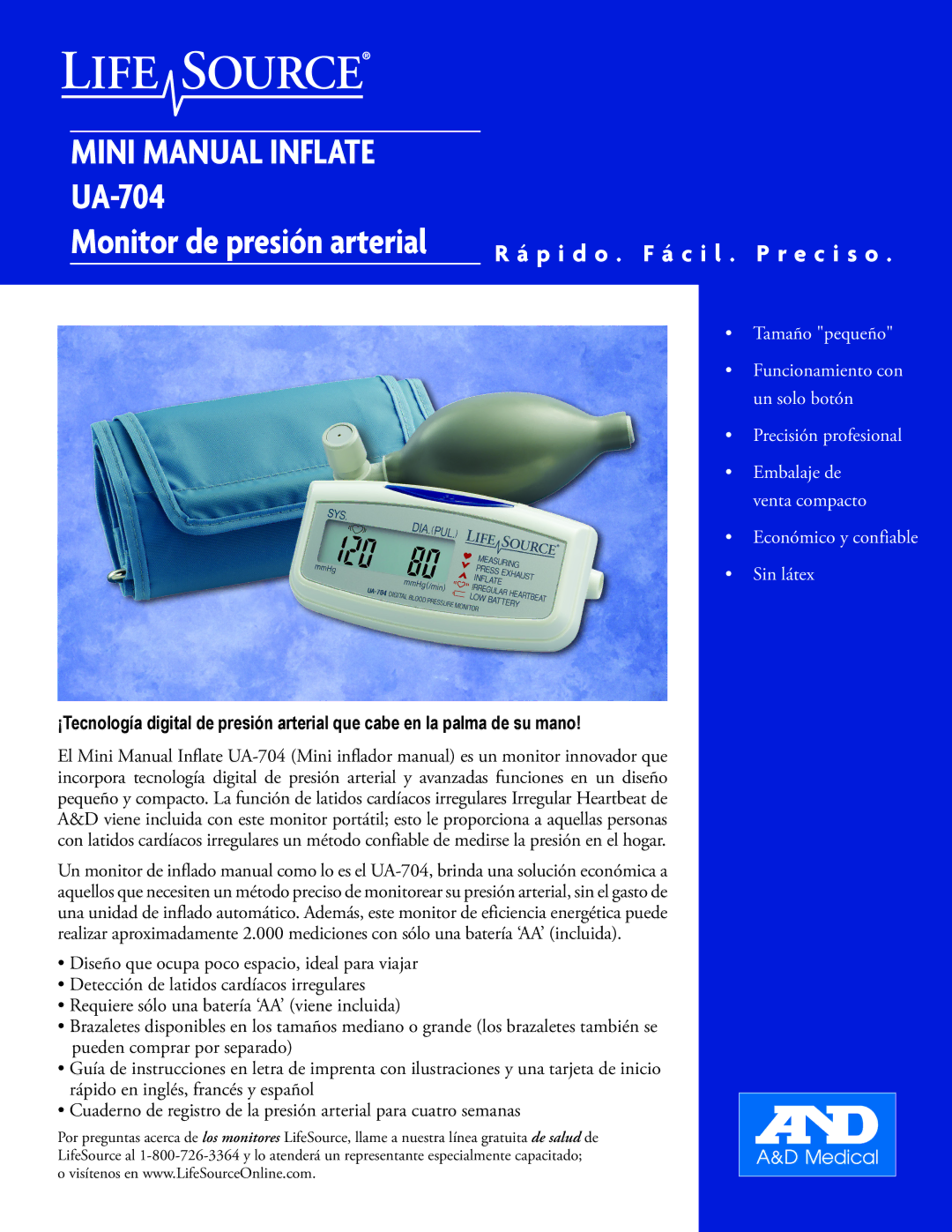 LifeSource UA-704 manual Mini Manual Inflate 