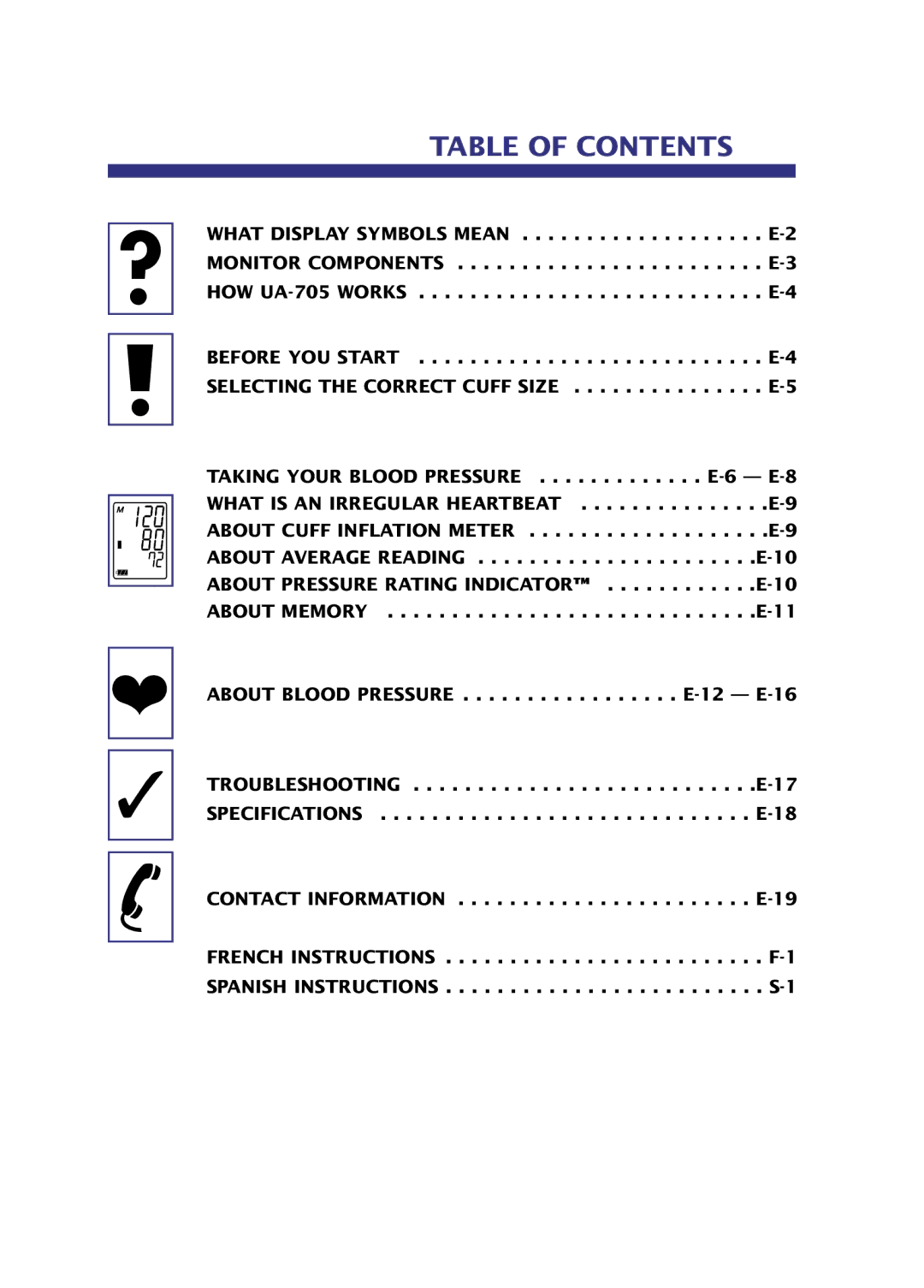 LifeSource UA-705 manual Table of Contents 