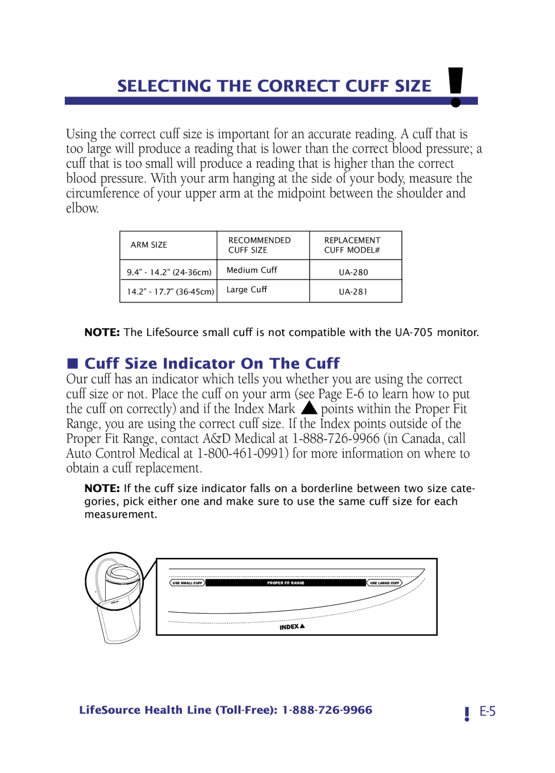 LifeSource UA-705 manual Selecting the Correct Cuff Size, Cuff Size Indicator On The Cuff 