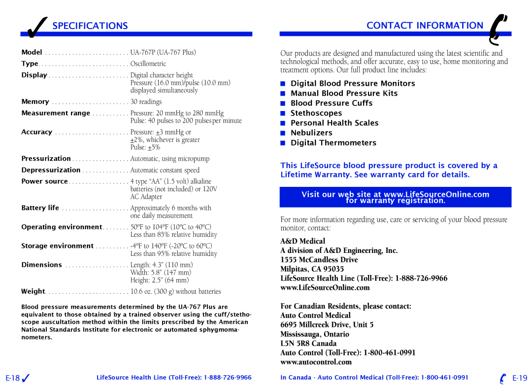 LifeSource UA-767 Plus manual Specifications, Contact Information, Weight .6 oz g without batteries 