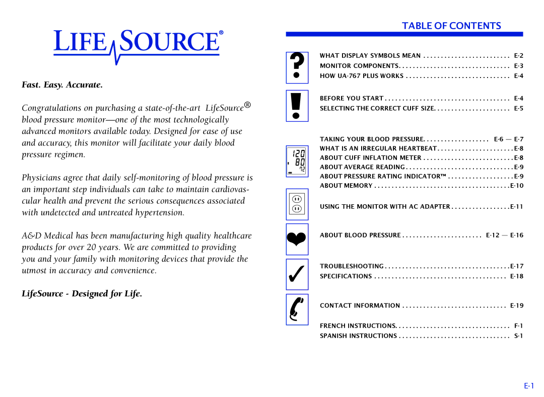 LifeSource UA-767 Plus manual Table of Contents 