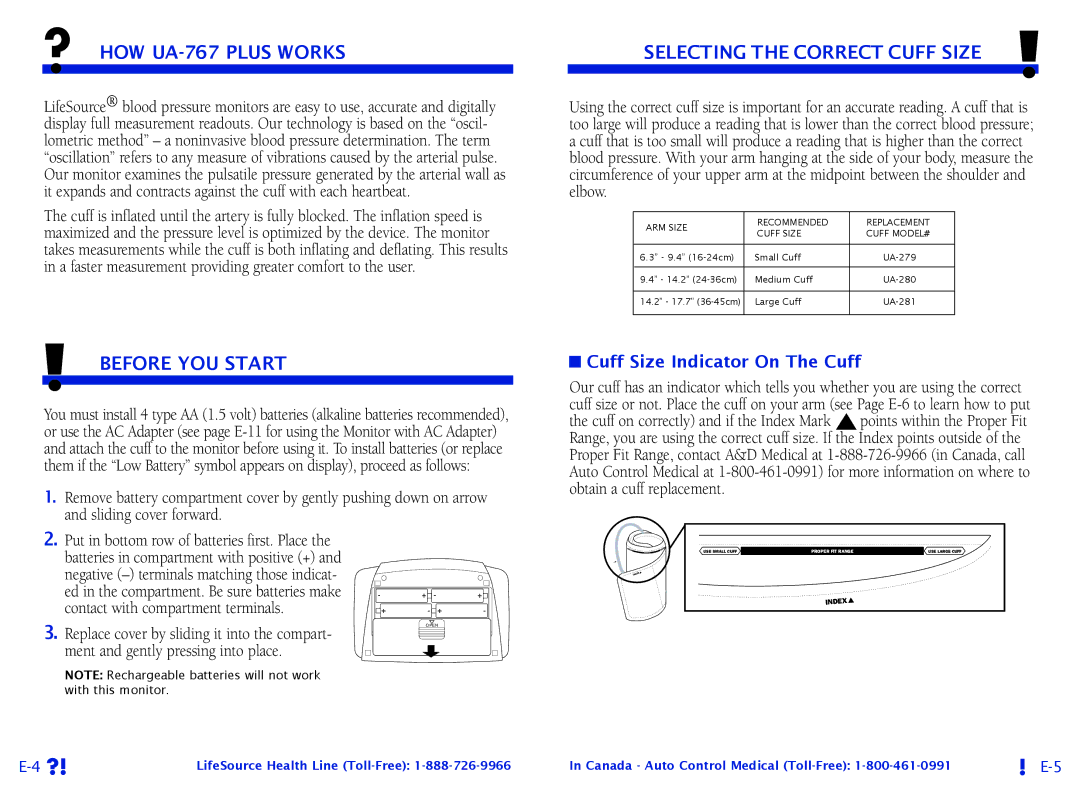 LifeSource ? HOW UA-767 Plus Works, Before YOU Start, Selecting the Correct Cuff Size, Cuff Size Indicator On The Cuff 