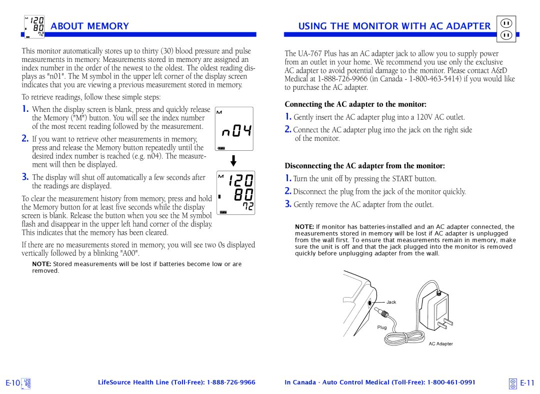 LifeSource UA-767 Plus About Memory, Using the Monitor with AC Adapter, To retrieve readings, follow these simple steps 