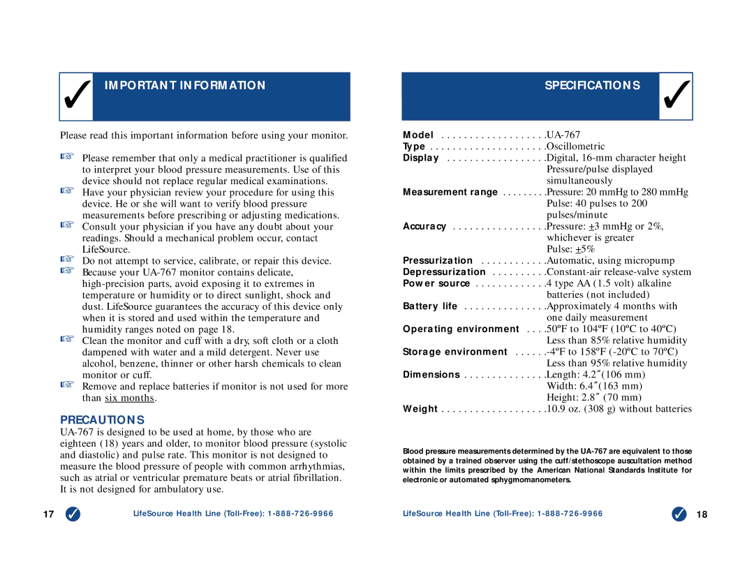 LifeSource UA-767 manual Important Information, Specifications 