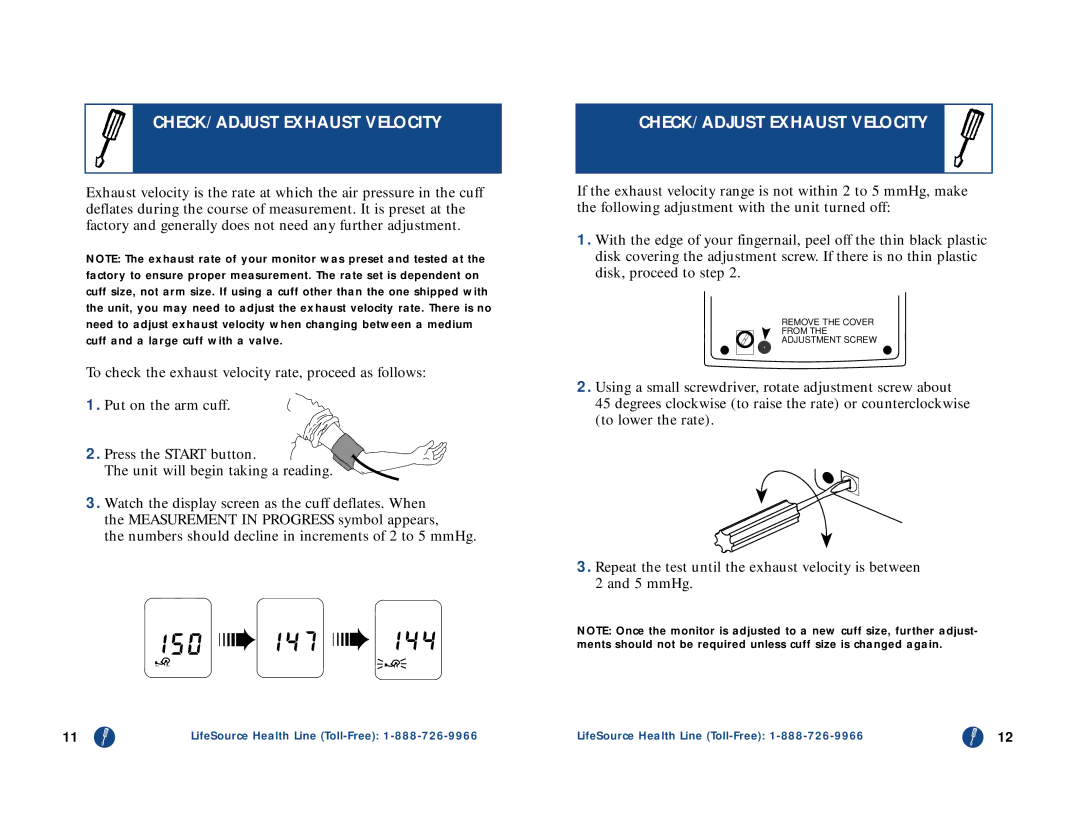 LifeSource UA-767 manual CHECK/ADJUST Exhaust Velocity 