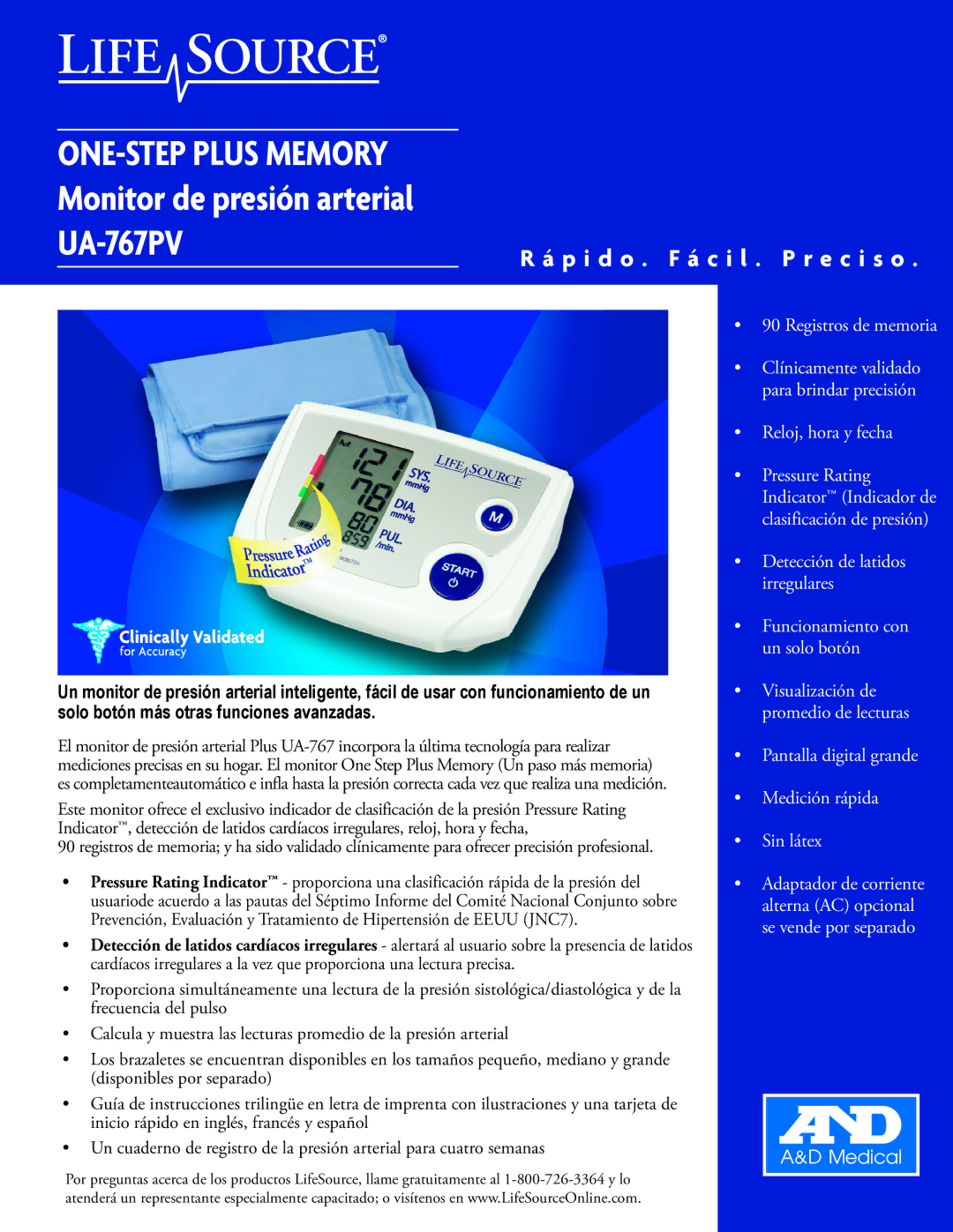 LifeSource manual ONE-STEP Plus Memory Monitor de presión arterial UA-767PV 