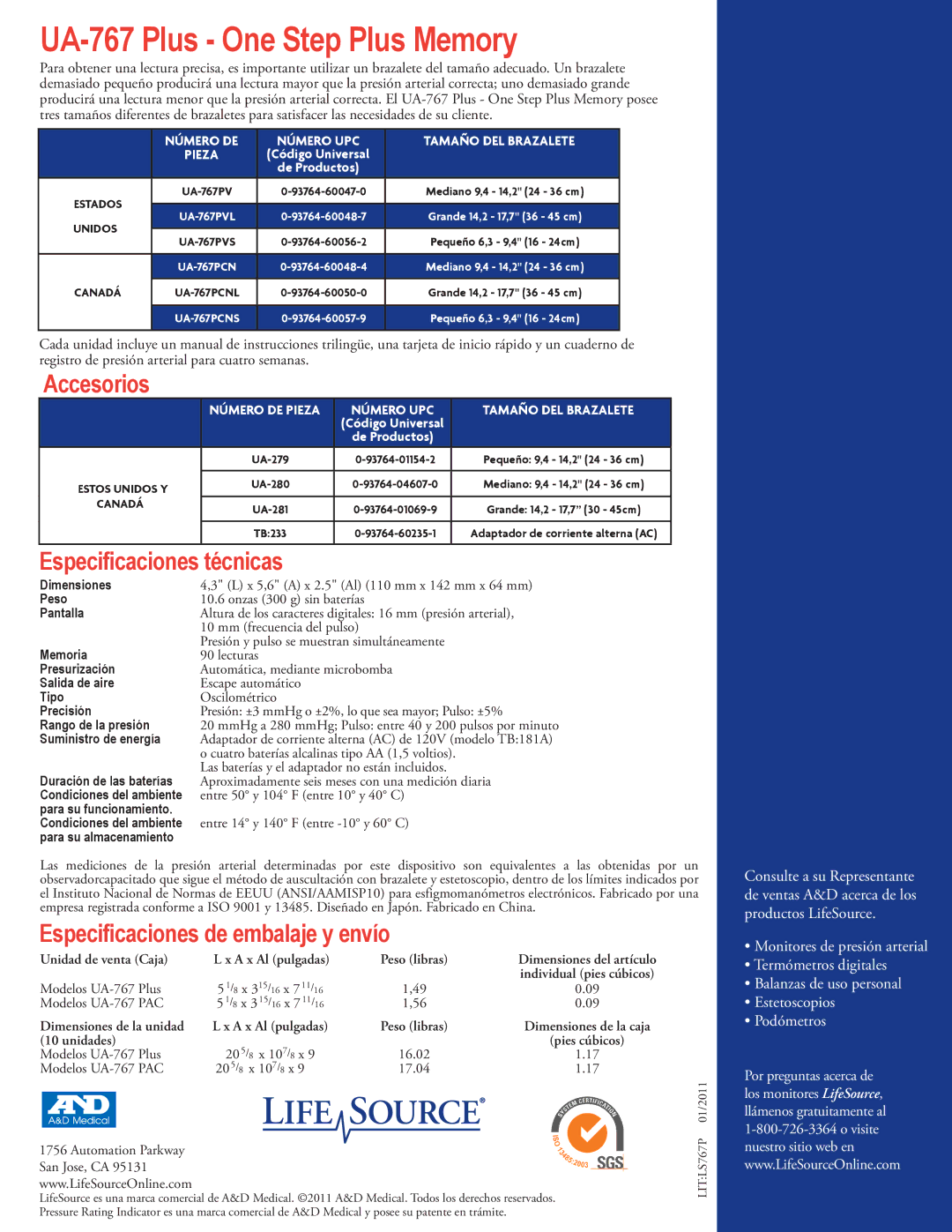 LifeSource UA-767PV Accesorios, Técnicas, Especificaciones de embalaje y envío, Número DE Número UPC Tamaño DEL Brazalete 