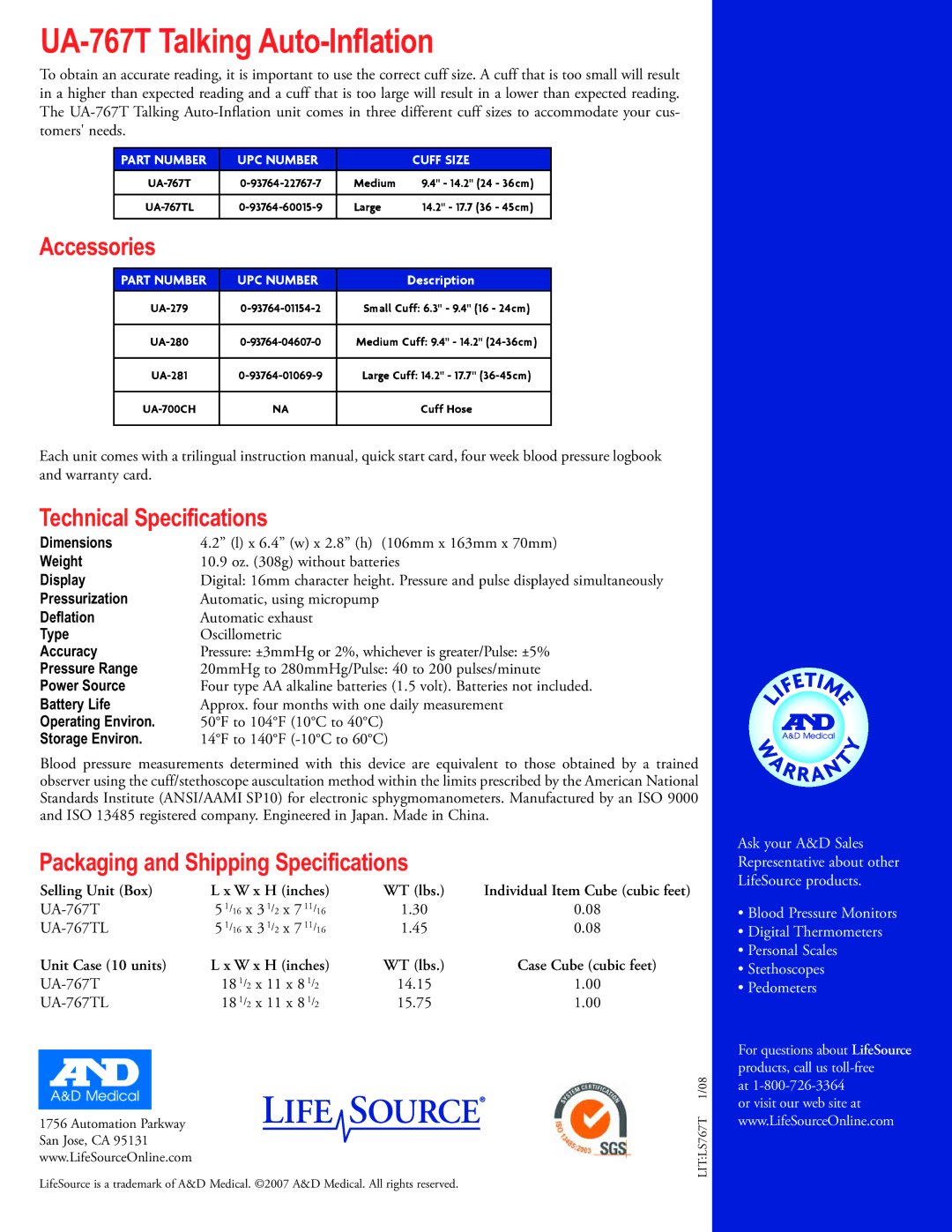 LifeSource UA-767T manual Accessories, Technical Specifications, Packaging and Shipping Specifications 