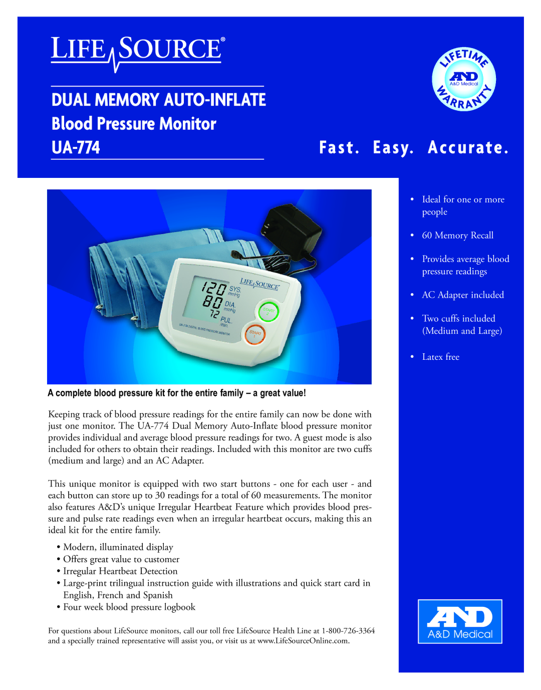 LifeSource manual Blood Pressure Monitor UA-774 