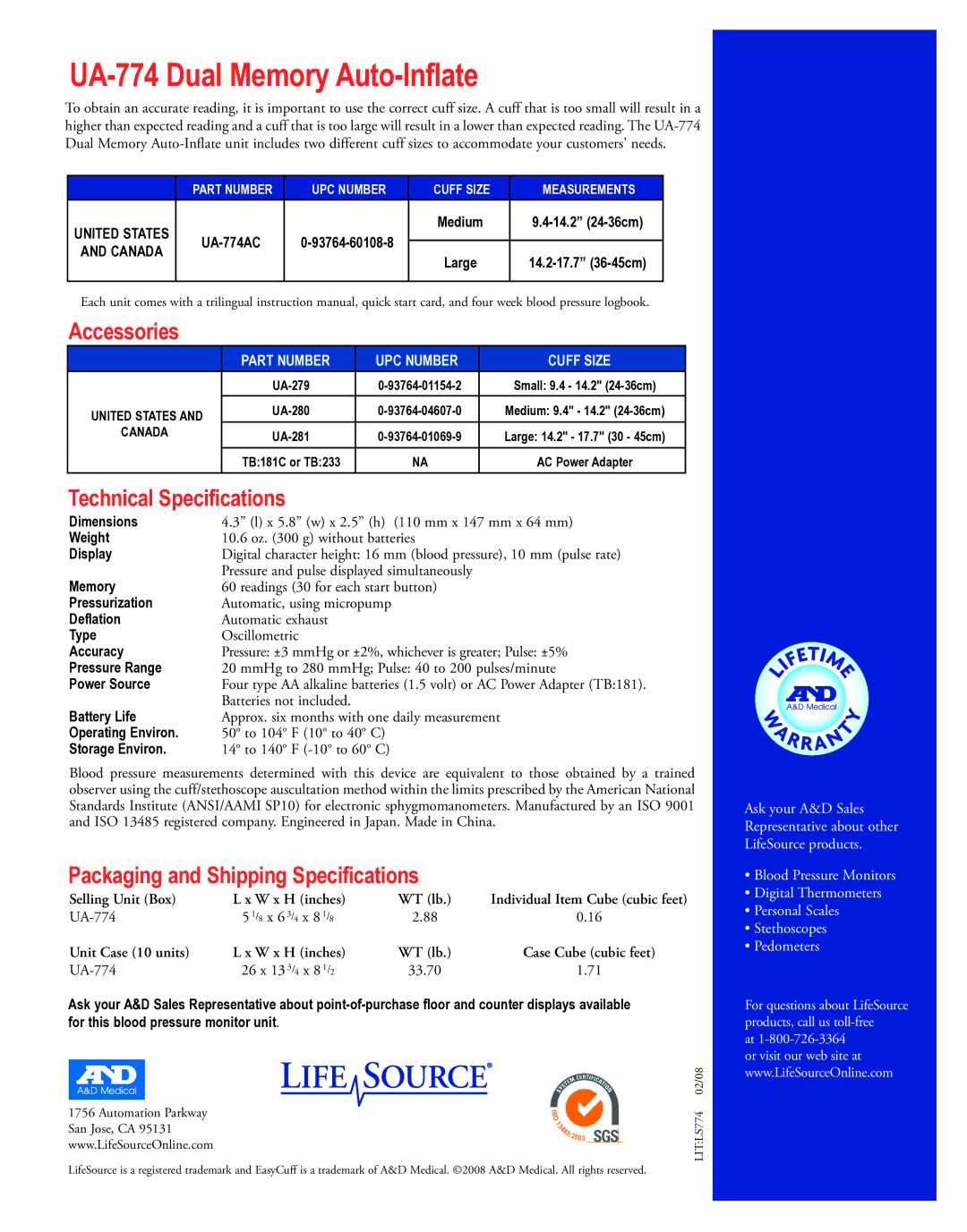 LifeSource UA-774 manual Accessories, Technical Specifications, Packaging and Shipping Specifications 