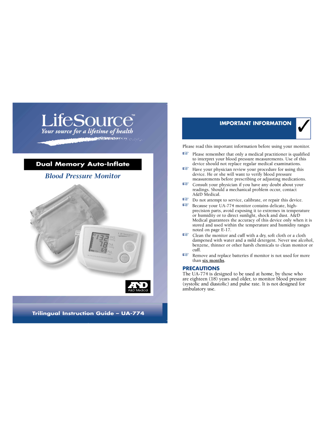 LifeSource manual Blood Pressure Monitor UA-774 