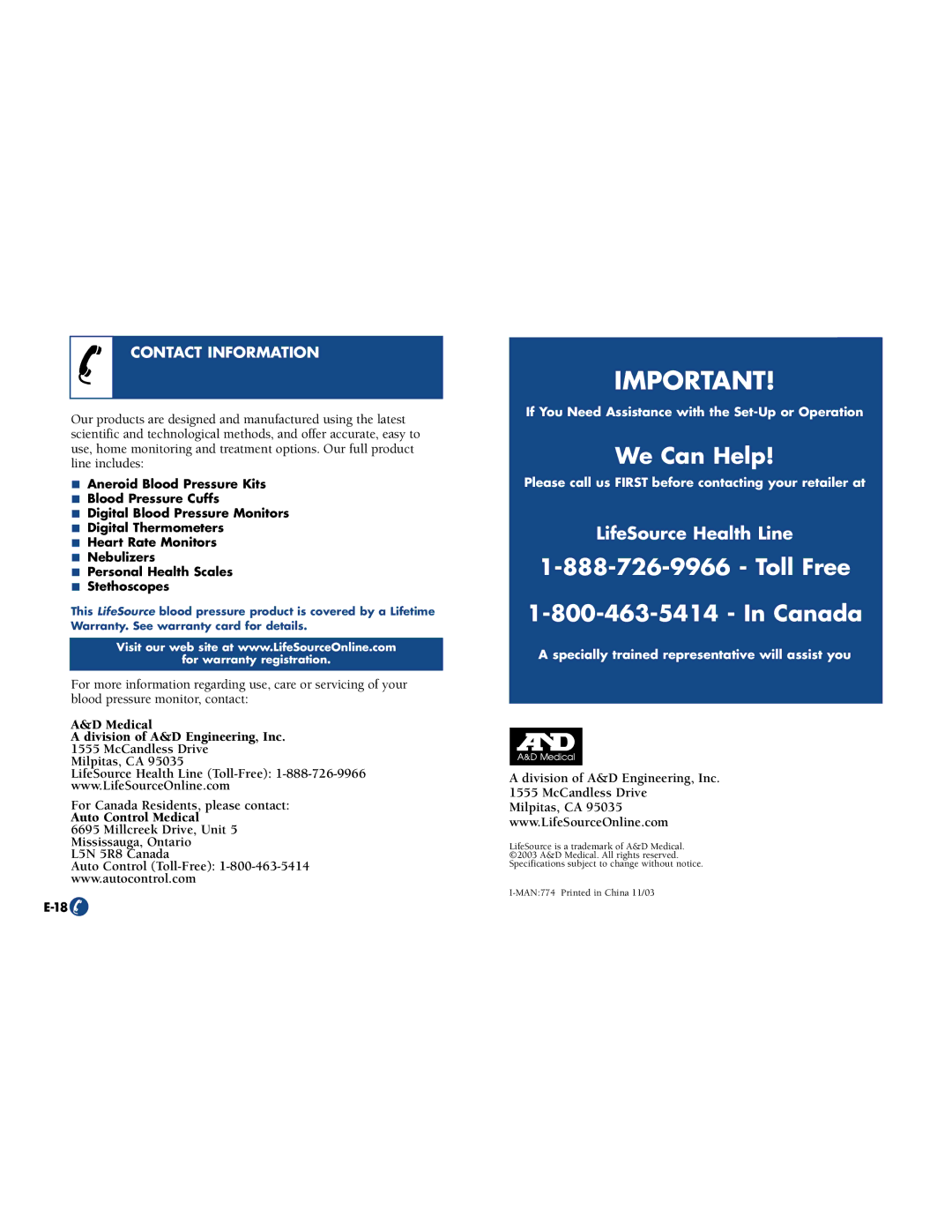 LifeSource UA-774 manual Contact Information, Division of A&D Engineering, Inc McCandless Drive 