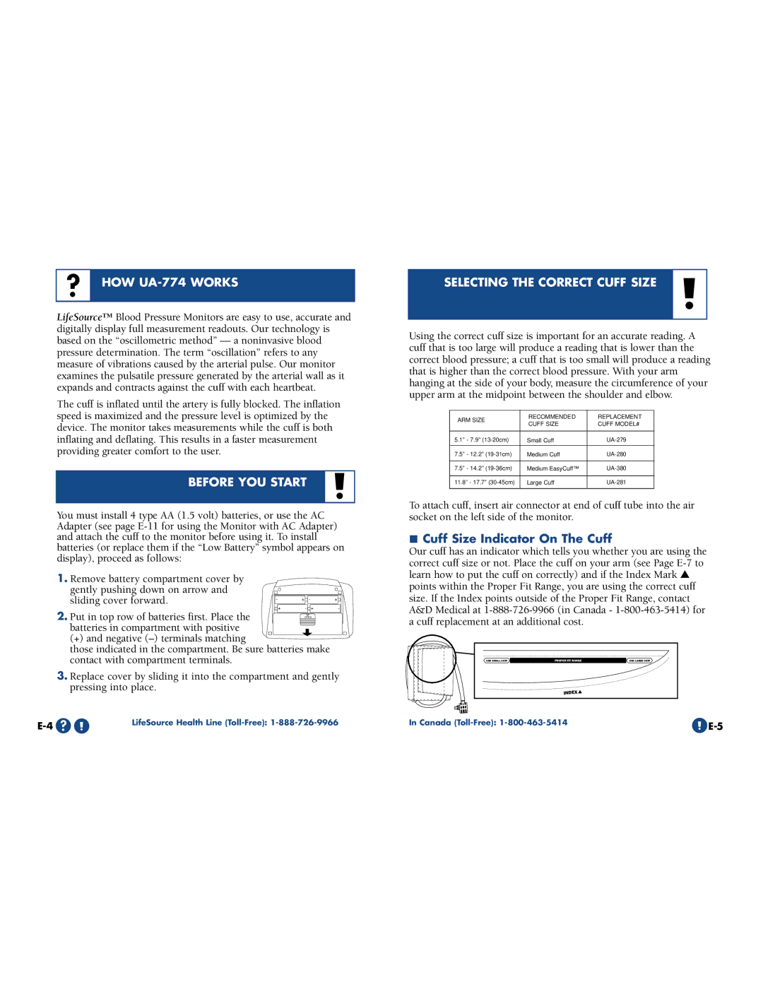 LifeSource manual ? HOW UA-774 Works, Before YOU Start, Selecting the Correct Cuff Size, Cuff Size Indicator On The Cuff 