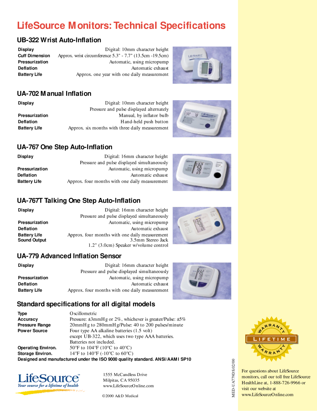 LifeSource UA-779 manual LifeSource Monitors Technical Specifications 