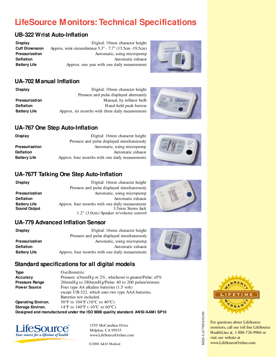LifeSource UA-779 manual LifeSource Monitors Technical Specifications, UB-322 Wrist Auto-Inflation, UA-702 Manual Inflation 