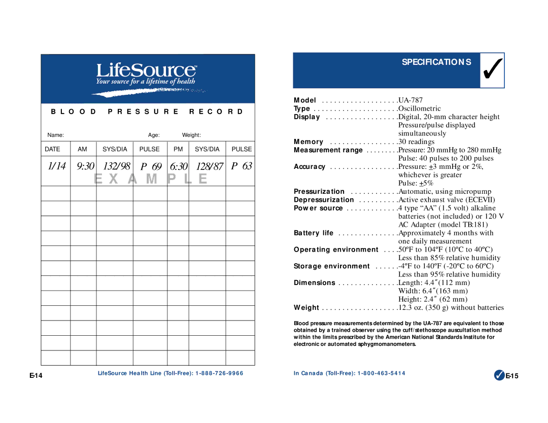 LifeSource UA-787 manual A M P L E, Specifications 